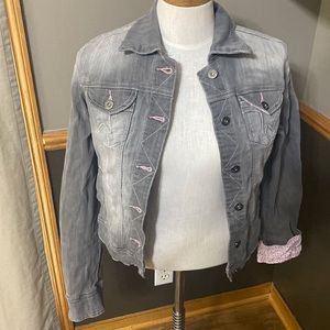 Vanity gray jean jacket with pink accents size Medium